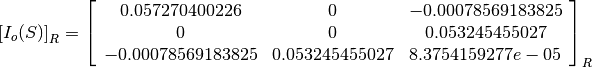 \left[I_o(S)\right]_R = \left[
                        \begin{array}{ccc}
                          0.057270400226 & 0 & -0.00078569183825\\
                          0 & 0 & 0.053245455027\\
                          -0.00078569183825 & 0.053245455027 & 8.3754159277e-05\\
                        \end{array}
                        \right]_R